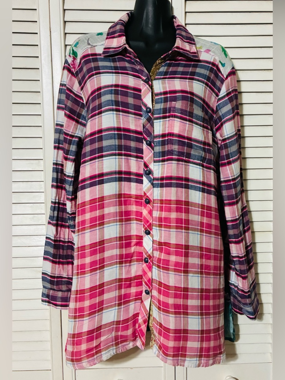 John Mark Multicolor Plaid Button-Up. Lace overlay on back with satin look panel